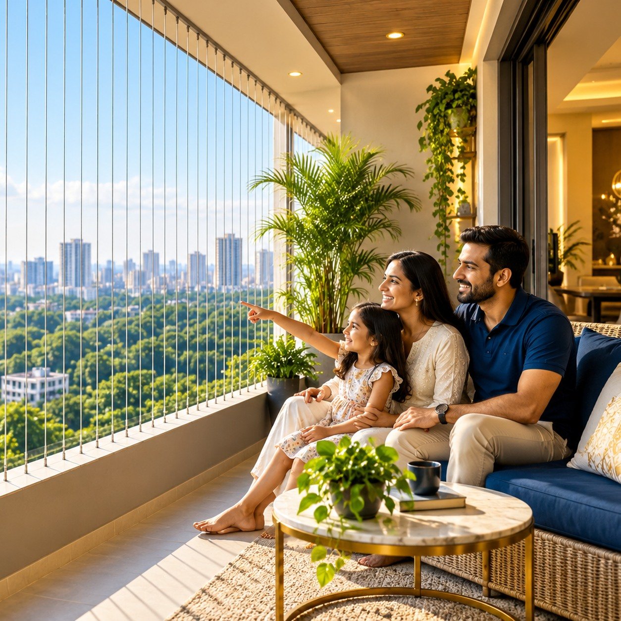Family enjoying a modern balcony protected with Unique Invisible Grills